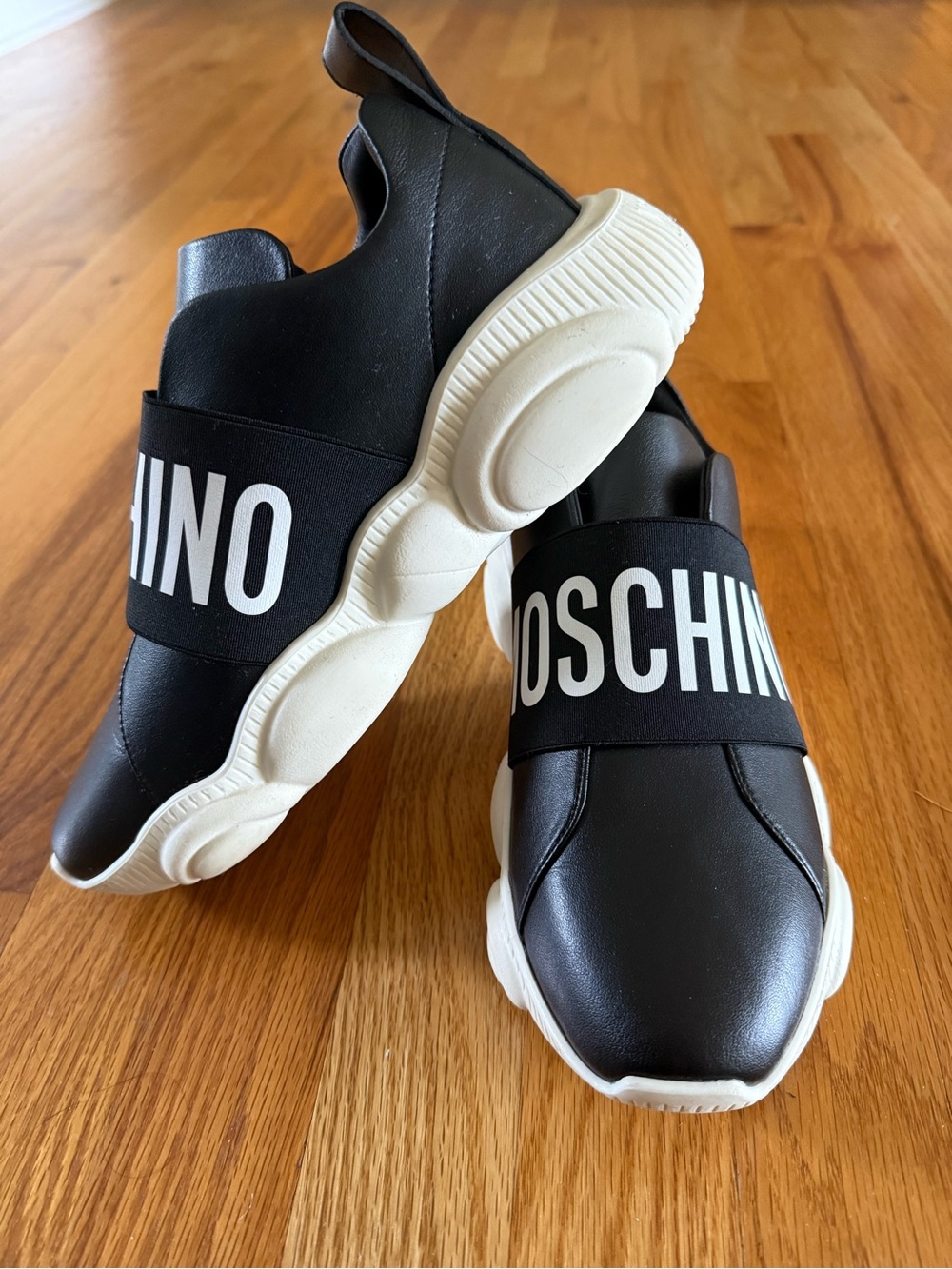 Moschino Black and White Logo Strap Slip-On Women Leather  Sneakers